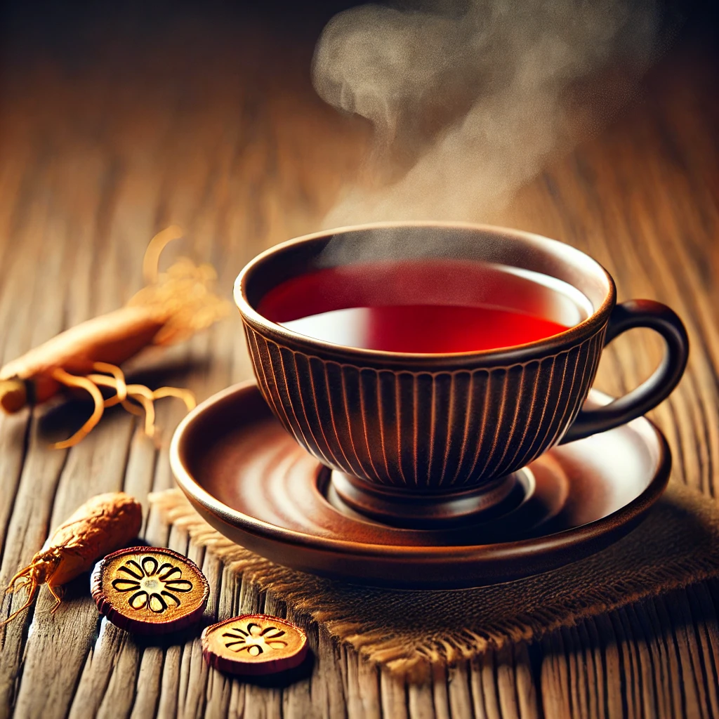 A cup of warm red ginseng tea with steam rising – Red ginseng tea is known for boosting immunity and energy levels.
