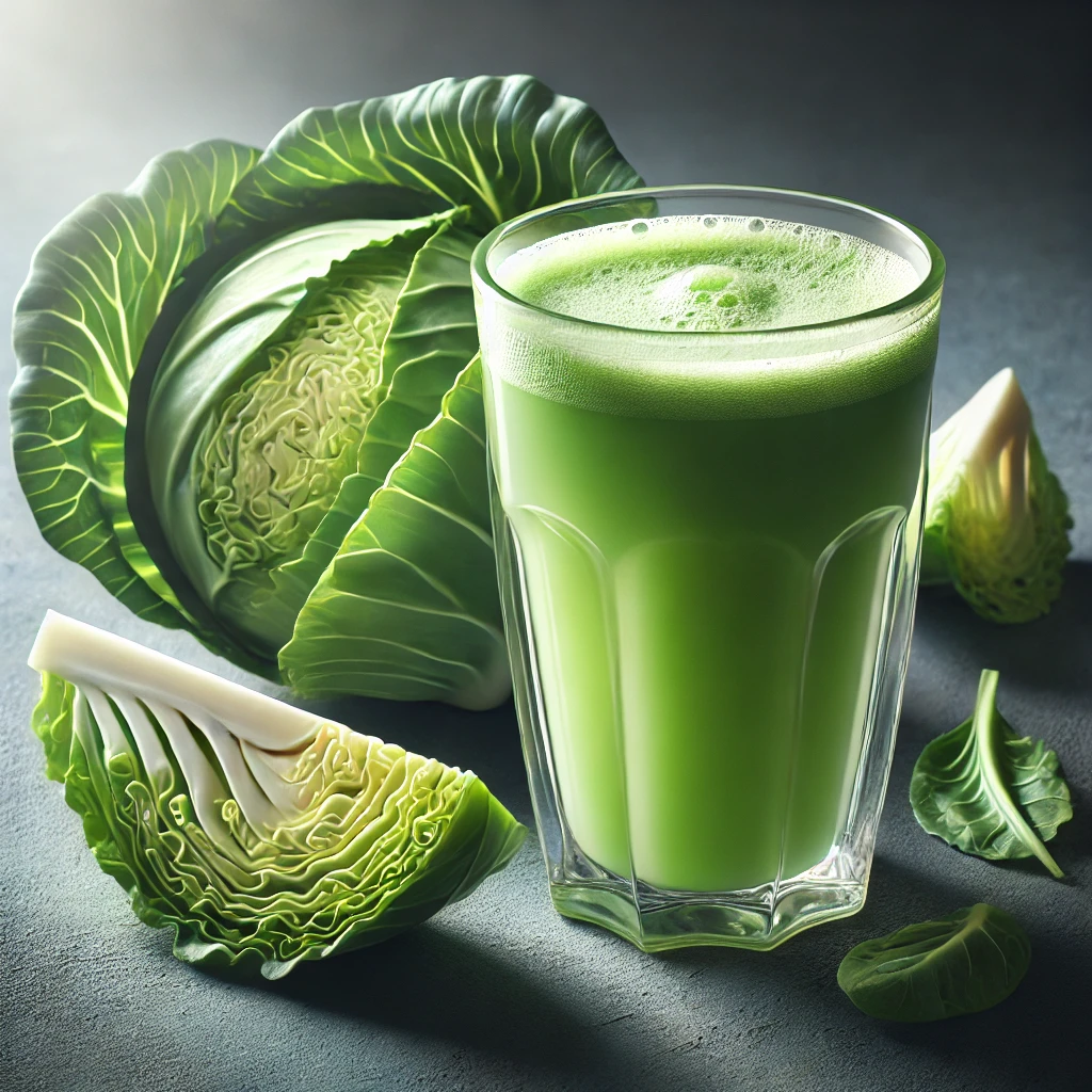 A glass of fresh cabbage juice – A stomach-protective juice rich in vitamin U for gut health.
