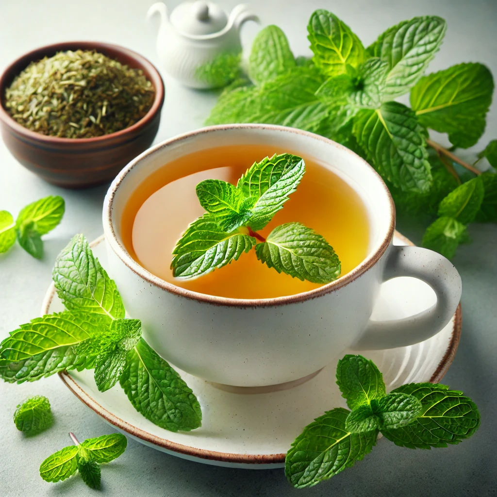 A steaming cup of peppermint tea – A soothing herbal tea for bloating and acid reflux relief.
