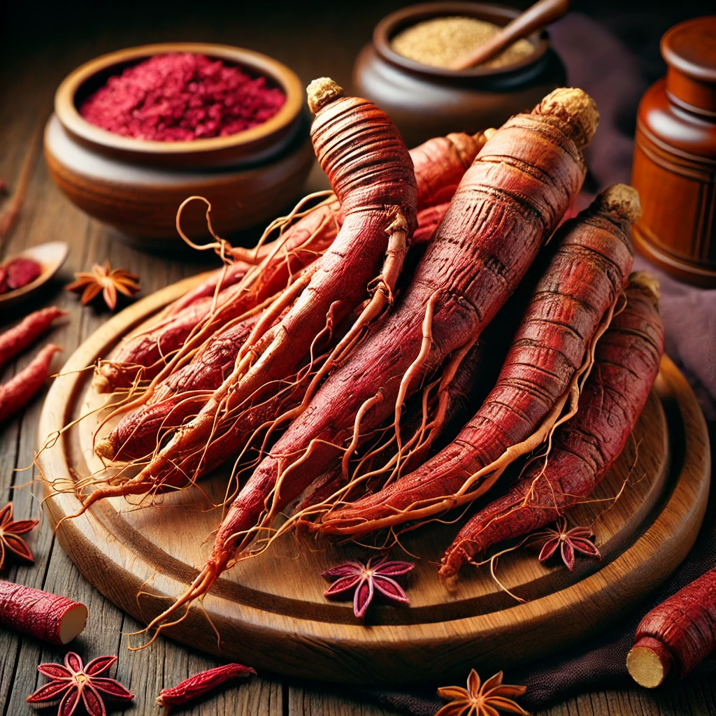 Red ginseng roots on a wooden board – Whole red ginseng roots are rich in ginsenosides that improve circulation and stamina.
