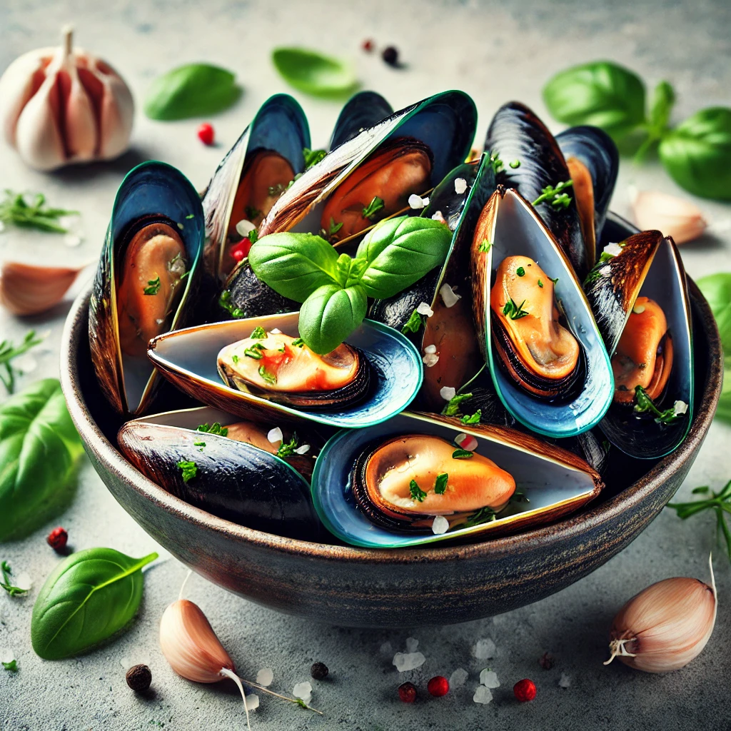 Mussels steamed with garlic and herbs – Rich in iodine and selenium for brain health and mood regulation.
